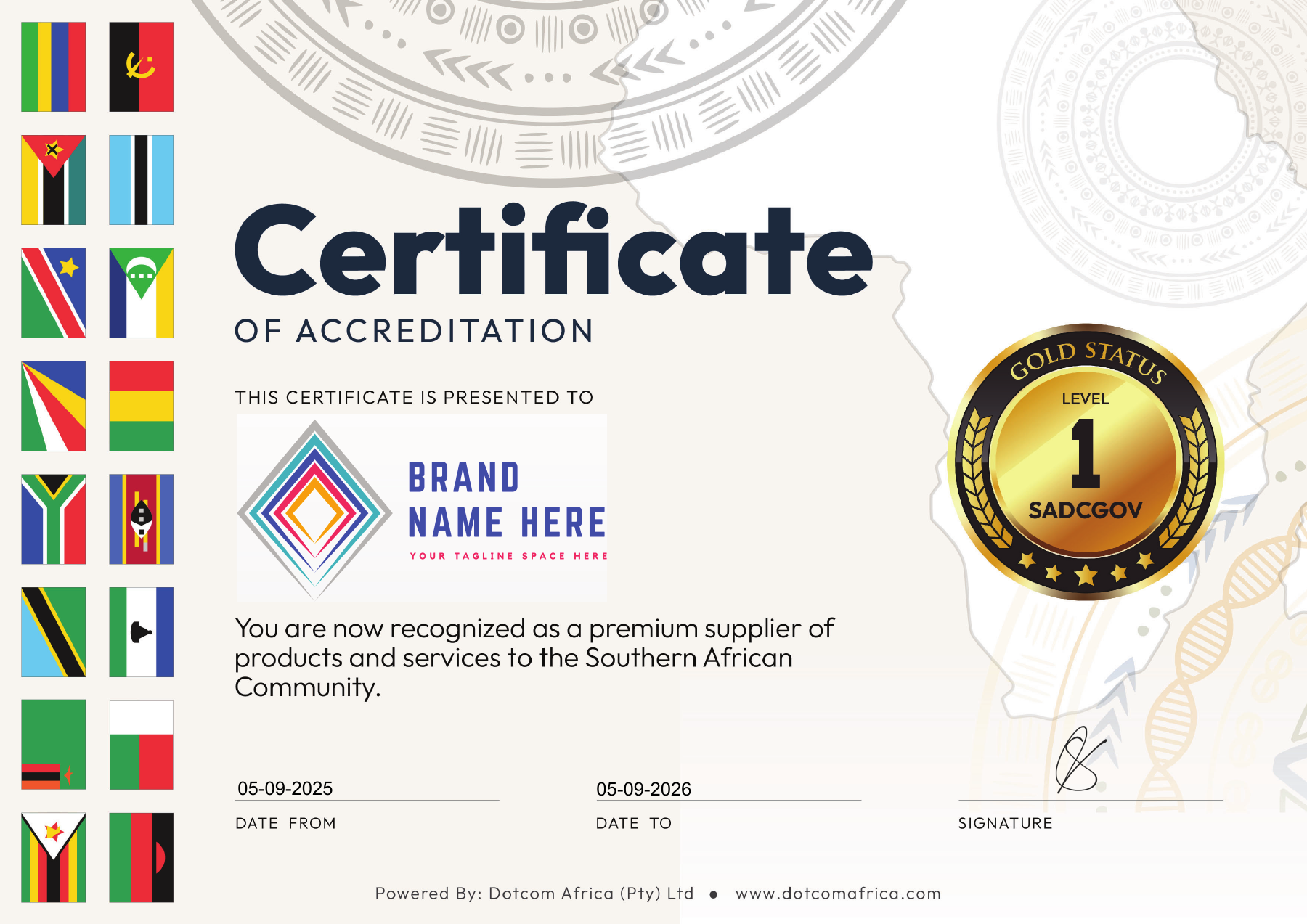 SADC Gold Status sample certificate of accreditation
